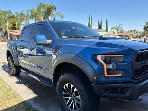 Blue Ford F-150 pickup truck parked in driveway with cypress trees and neighborhood houses in background