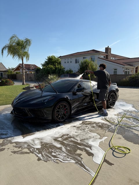 Person washing a black sports car in a driveway with a garden hose on a sunny day